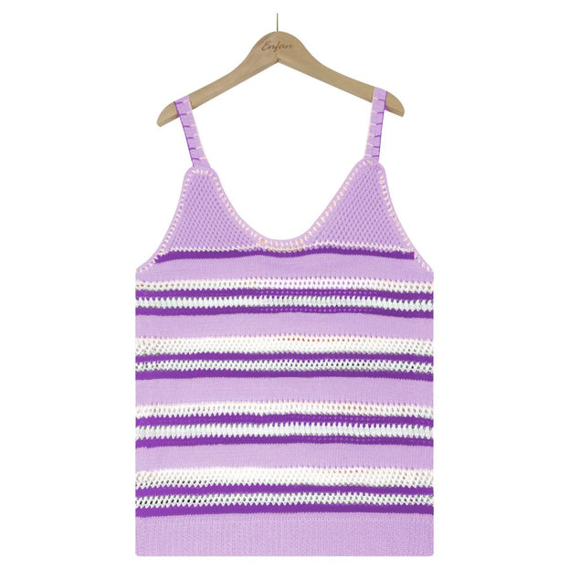 Fashionable V-Neck Striped Color Contrast Knitted Sweater Ice Silk Loose Vest