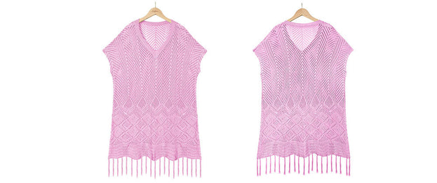 Solid Color Fringed Hollow Knit Sweater Loose Plus Size Beach Dress