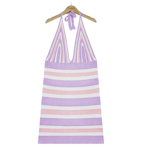Sexy Backless Women's Knitted Camisole Blouse Dress Striped Bikini Beach Dress