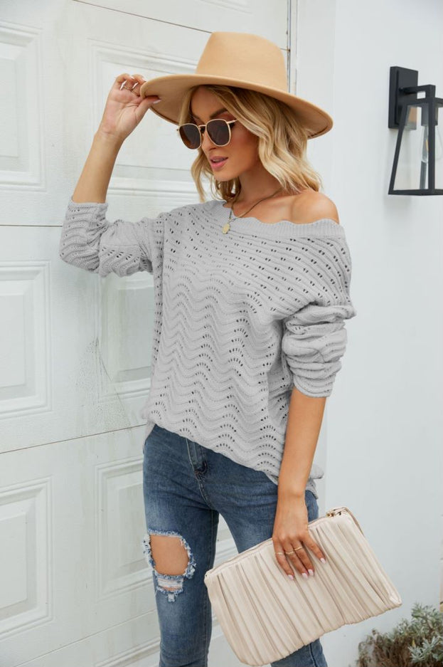 Women's Solid Color Hollow Pullover Lace Knitted Sweater Off the Shoulders