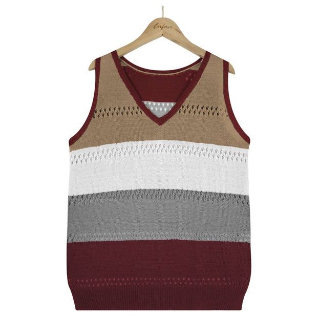 Women's Pick Hole Loose V-Neck Color Block Sweater