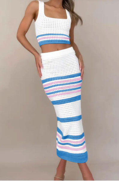 Square Collar Striped Hollow Suit Short Vest Slit Dress