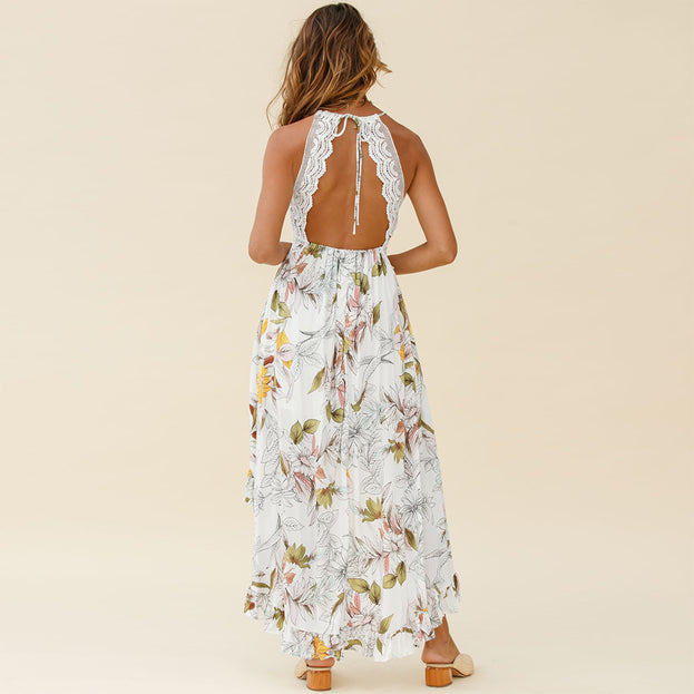 Deep V Sexy Beach Hollow Lace Suspender Irregular Dress