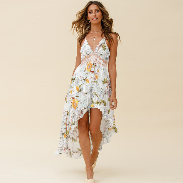 Deep V Sexy Beach Hollow Lace Suspender Irregular Dress