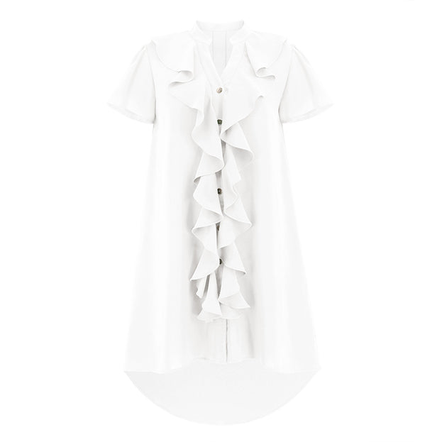 Ruffle Lace Open Button Shirt Dress V Neck Plus Size Dress