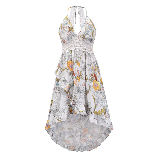 Deep V Sexy Beach Hollow Lace Suspender Irregular Dress