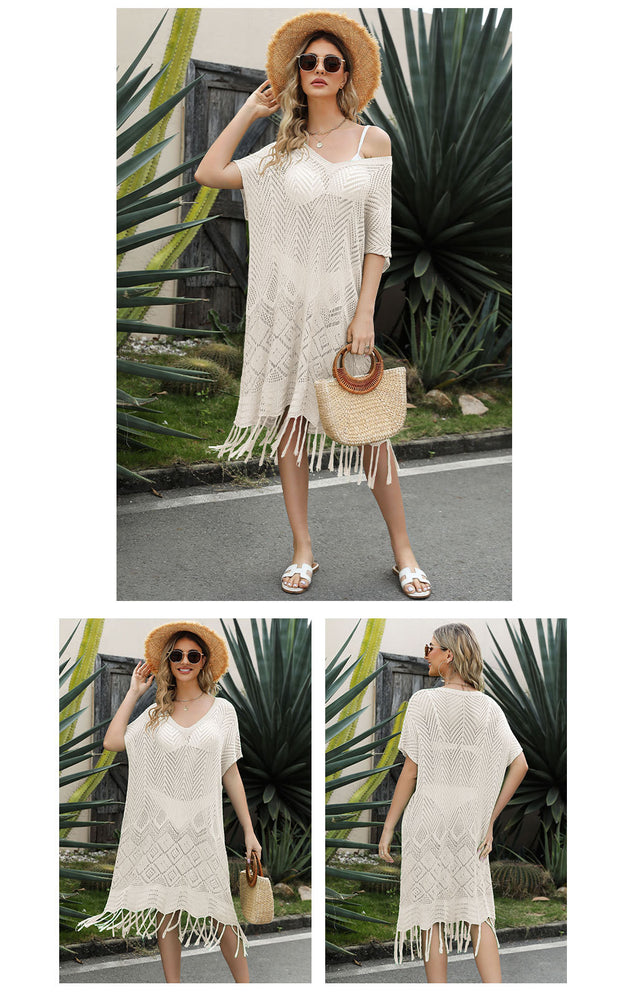 Solid Color Fringed Hollow Knit Sweater Loose Plus Size Beach Dress