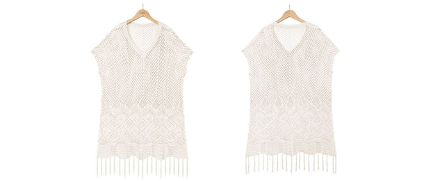 Solid Color Fringed Hollow Knit Sweater Loose Plus Size Beach Dress