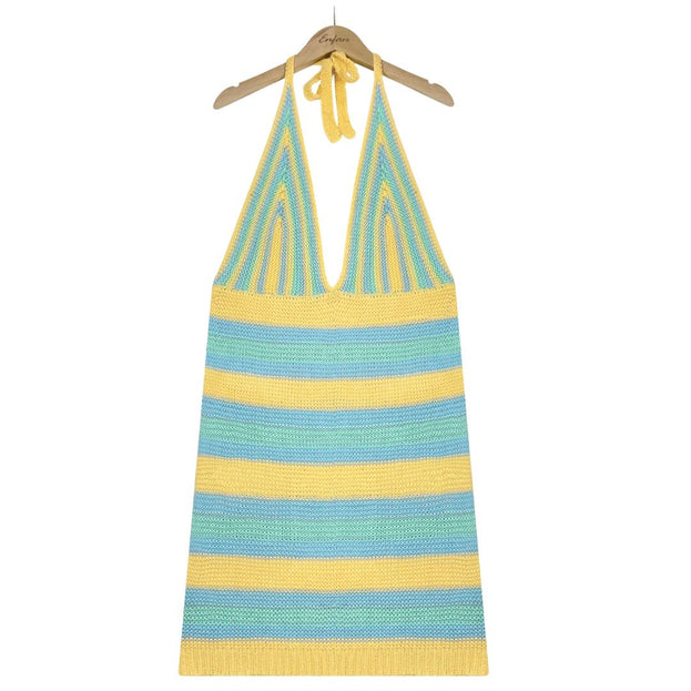 Sexy Backless Women's Knitted Camisole Blouse Dress Striped Bikini Beach Dress