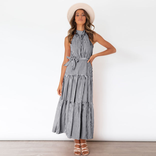 New Striped Halterneck Dress Slim Dress