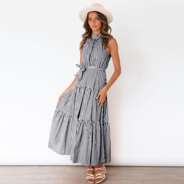 New Striped Halterneck Dress Slim Dress