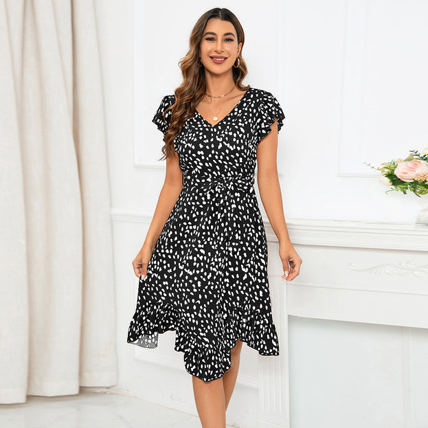 V-Neck Ruffle Short Sleeved Leopard Print Skirt with Irregular Hem Dress