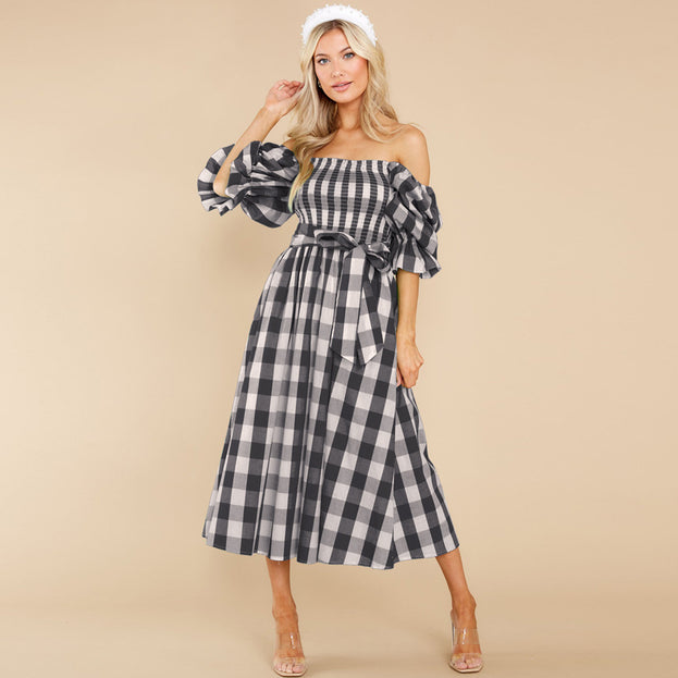 Summer Slim-Fit Off-the-Shoulder Plaid Print Beach Dress