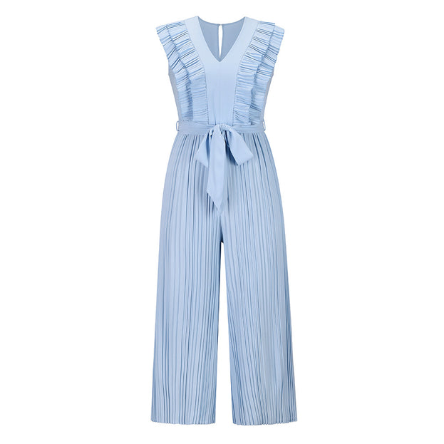 High Waist Pleated Jumpsuit Wide Leg Pants V Neck Jumpsuits