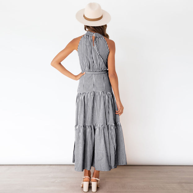 New Striped Halterneck Dress Slim Dress