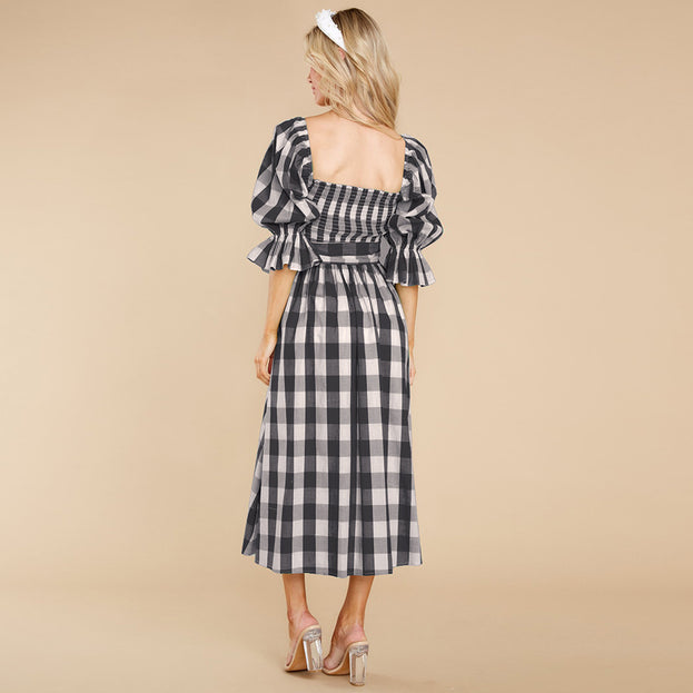 Summer Slim-Fit Off-the-Shoulder Plaid Print Beach Dress
