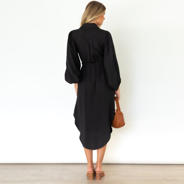Long-Sleeved British Temperament Shirt Dress Mid-Length Tie Waist Dress