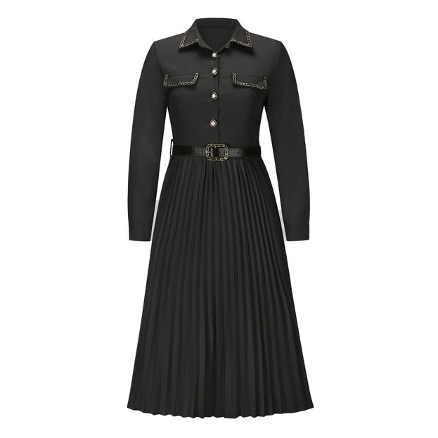 Slim Long Sleeve Belt Dress Mid Length Pleated Skirt