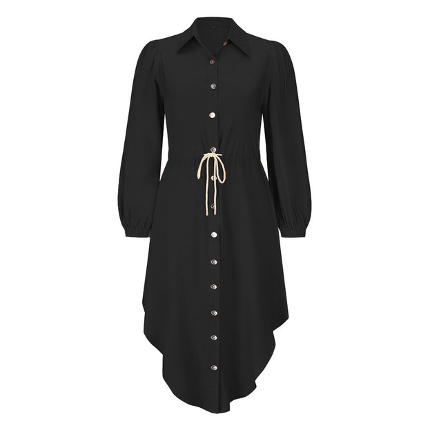 Long-Sleeved British Temperament Shirt Dress Mid-Length Tie Waist Dress
