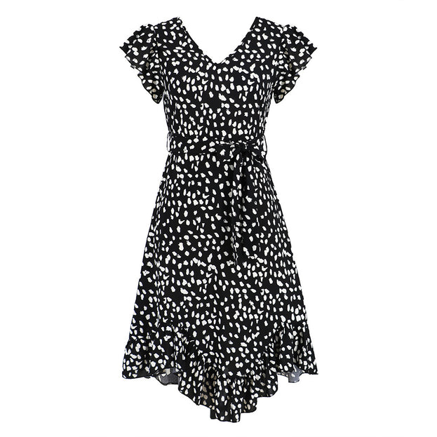 V-Neck Ruffle Short Sleeved Leopard Print Skirt with Irregular Hem Dress