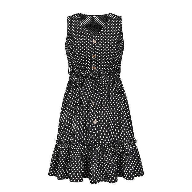 Polka Dot Waist Slimming Sleeveless Vest Dress V-Neck Temperament Button Short Skirt