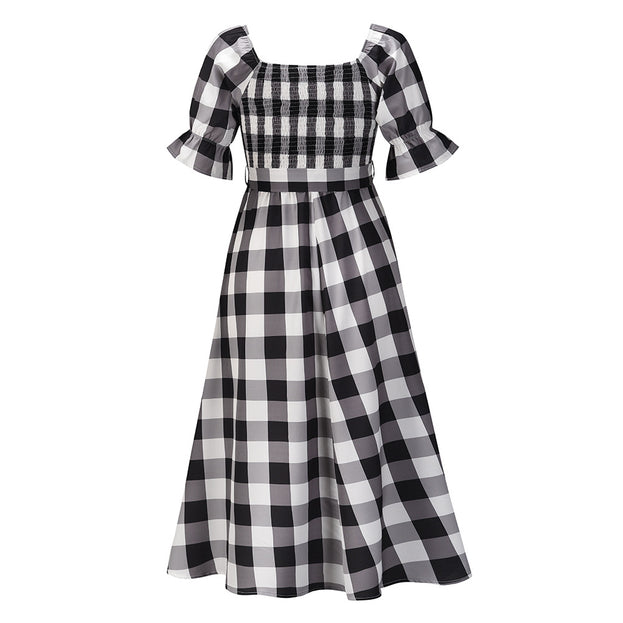 Summer Slim-Fit Off-the-Shoulder Plaid Print Beach Dress