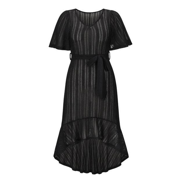 Summer New v-Neck Sexy Summer Beach Hollow Belt Dress
