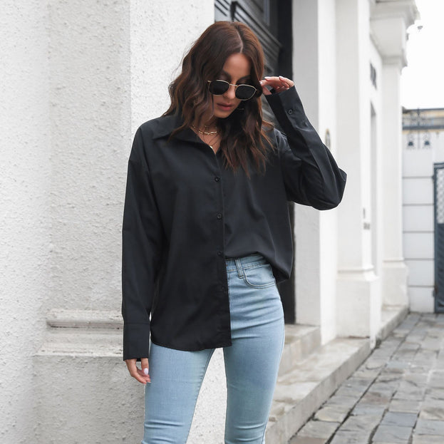 Cotton-Containing Large Cuffs Long-Sleeved Mid-Length Shirt Women's Loose Shirt