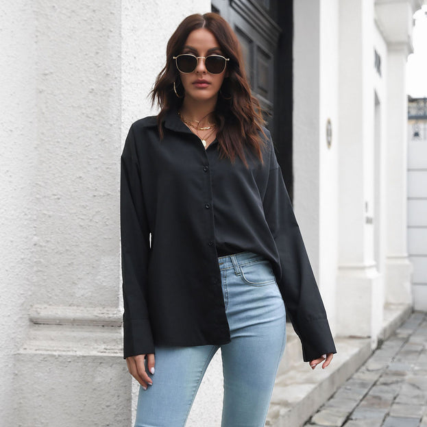Cotton-Containing Large Cuffs Long-Sleeved Mid-Length Shirt Women's Loose Shirt