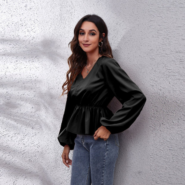 Lantern Sleeve Chiffon Shirt Solid Color V-Neck Long-Sleeved Women's Top