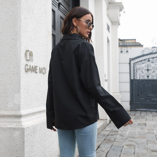 Cotton-Containing Large Cuffs Long-Sleeved Mid-Length Shirt Women's Loose Shirt