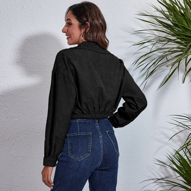Women's Corduroy Jacket Autumn Winter Dropped Shoulders Long Sleeve Short Coat