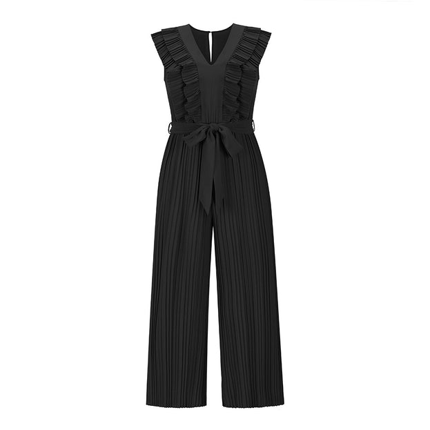 High Waist Pleated Jumpsuit Wide Leg Pants V Neck Jumpsuits