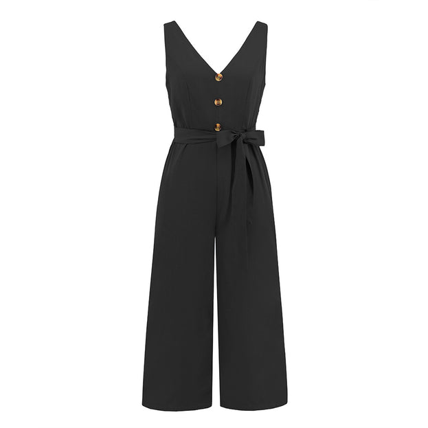 Fashion Sexy Slim Fit Sleeveless Button V-Neck Jumpsuit