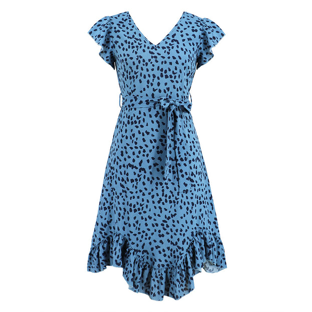 V-Neck Ruffle Short Sleeved Leopard Print Skirt with Irregular Hem Dress