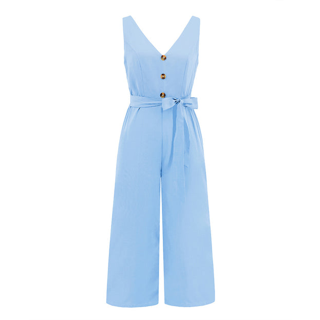 Fashion Sexy Slim Fit Sleeveless Button V-Neck Jumpsuit