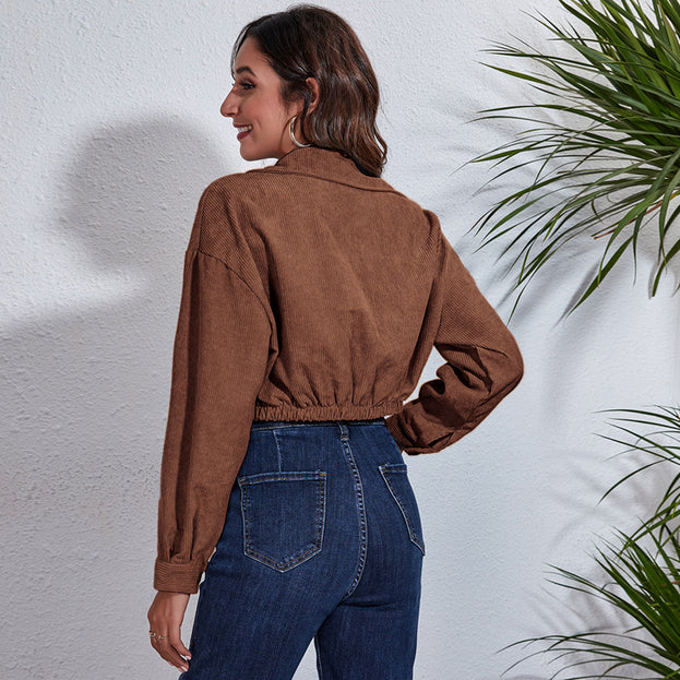 Women's Corduroy Jacket Autumn Winter Dropped Shoulders Long Sleeve Short Coat