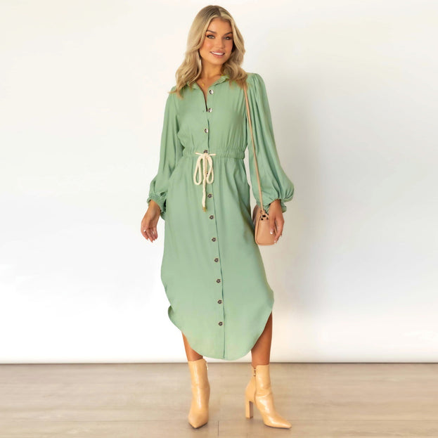 Long-Sleeved British Temperament Shirt Dress Mid-Length Tie Waist Dress
