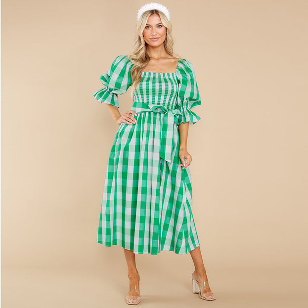 Summer Slim-Fit Off-the-Shoulder Plaid Print Beach Dress