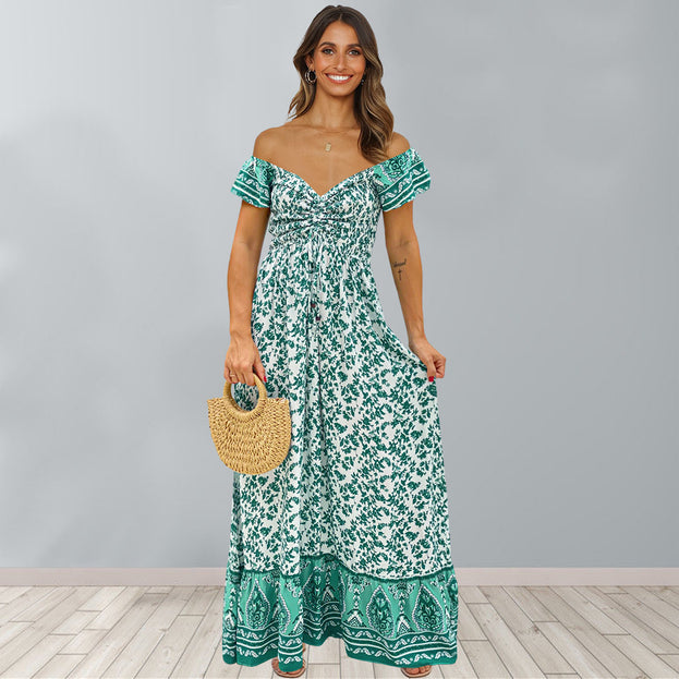 New Short Sleeve Floral Open Back Waist A-Line Dress