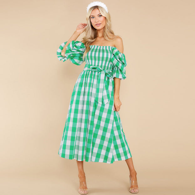 Summer Slim-Fit Off-the-Shoulder Plaid Print Beach Dress