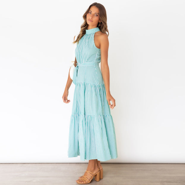 New Striped Halterneck Dress Slim Dress