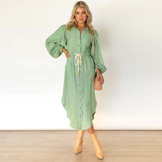 Long-Sleeved British Temperament Shirt Dress Mid-Length Tie Waist Dress