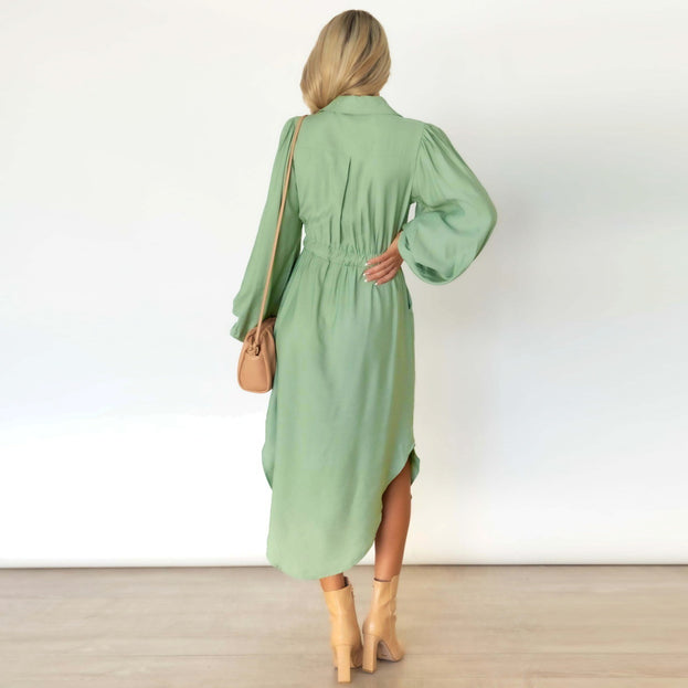 Long-Sleeved British Temperament Shirt Dress Mid-Length Tie Waist Dress
