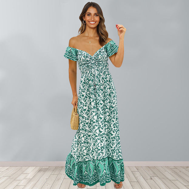 New Short Sleeve Floral Open Back Waist A-Line Dress