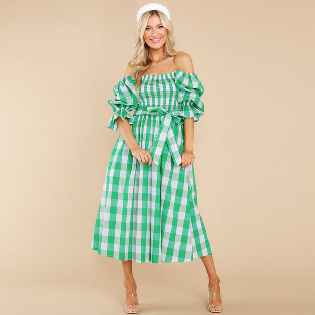 Summer Slim-Fit Off-the-Shoulder Plaid Print Beach Dress