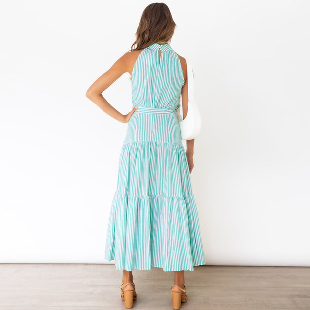 New Striped Halterneck Dress Slim Dress