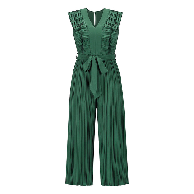 High Waist Pleated Jumpsuit Wide Leg Pants V Neck Jumpsuits