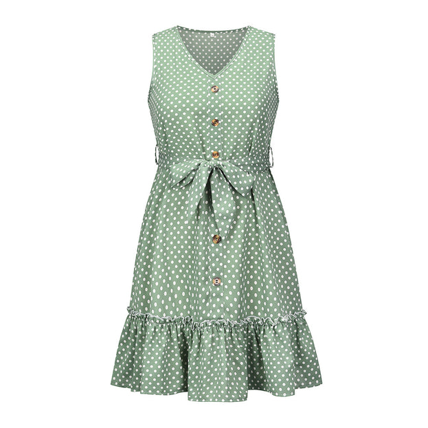 Polka Dot Waist Slimming Sleeveless Vest Dress V-Neck Temperament Button Short Skirt