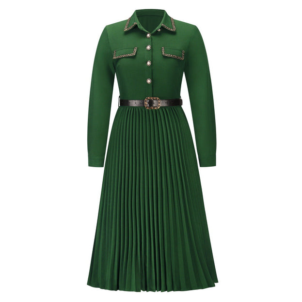 Slim Long Sleeve Belt Dress Mid Length Pleated Skirt